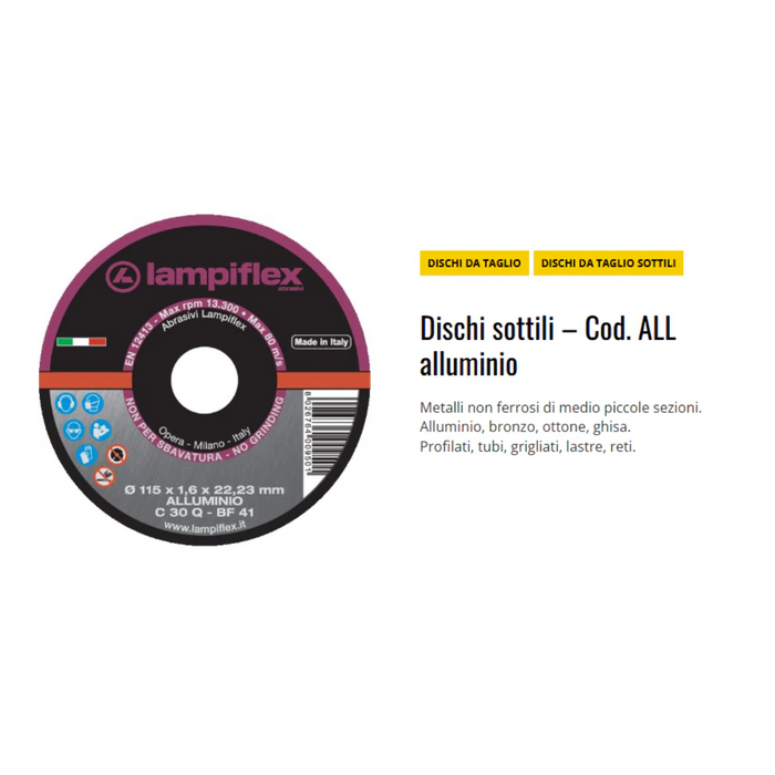 Disco da Taglio per Alluminio 115x1,6x22,23 mm per smerigliatrice angolare lampiflex
