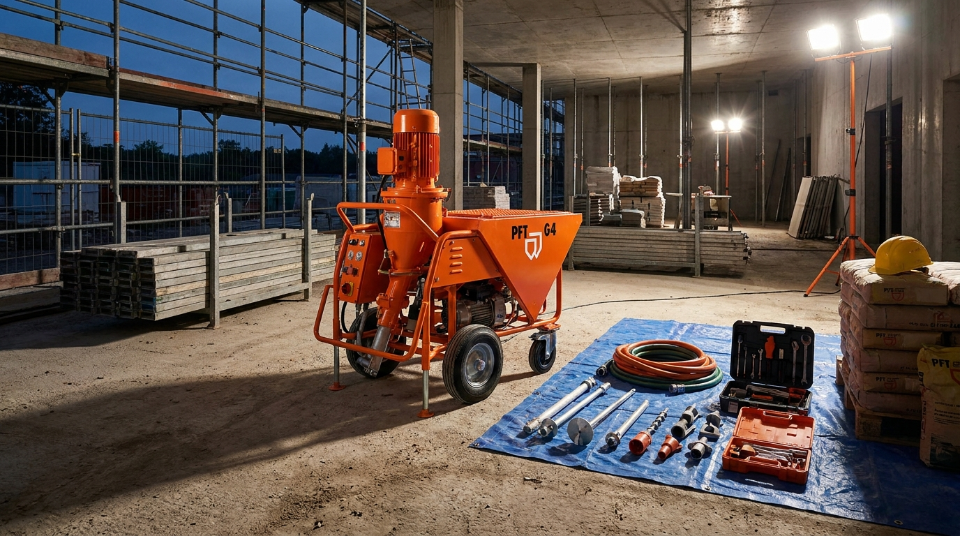Intonacatrice PFT in cantiere con ricambi