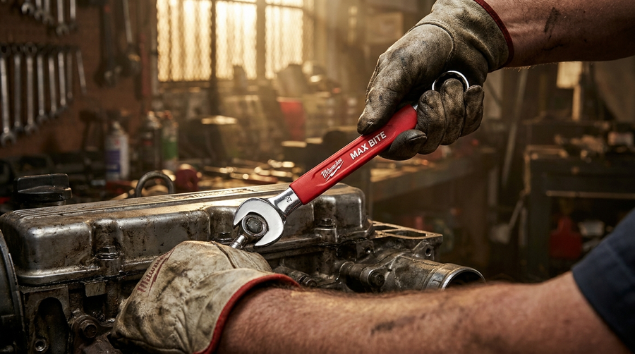 Meccanico professionale che usa una chiave combinata Milwaukee Max Bite