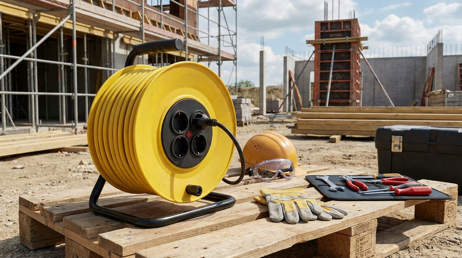 Avvolgicavo professionale e adattatore schuko su cantiere
