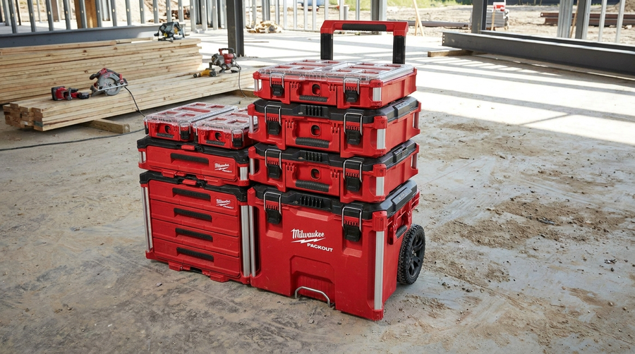 Sistema di valigette modulari Milwaukee PACKOUT in cantiere